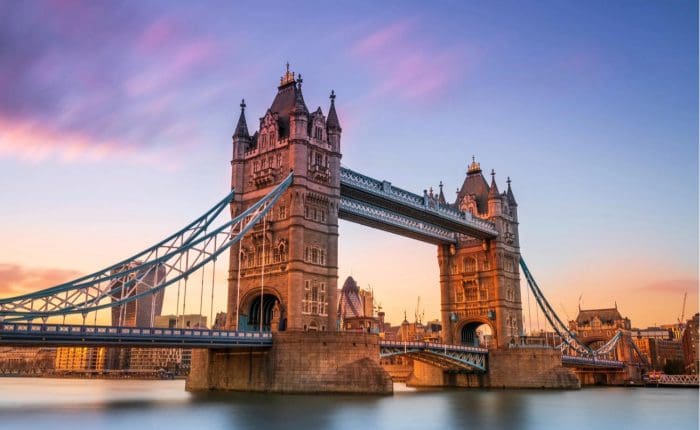 Tower Bridge taken from the West Bank during a sunset.